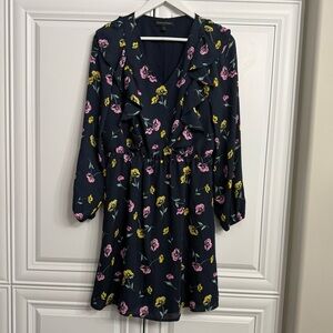 Banana Republic Factory Sz Small Navy Floral Ruffle Long Sleeve V-Neck Dress